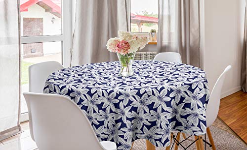 ABAKUHAUS hawaiisch Runde Tischdecke, Hibiscus Blütenblätter, Kreis Tischdecke Abdeckung für Esszimmer Küche Dekoration, 150 cm, Weiß Dunkelblau von ABAKUHAUS