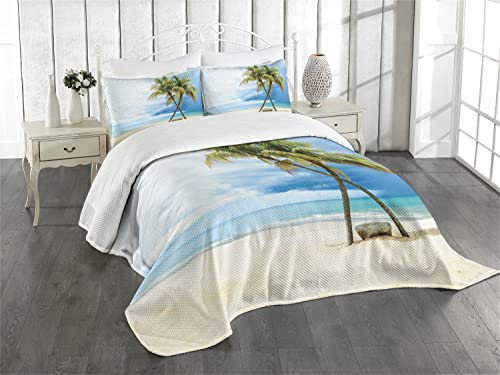 ABAKUHAUS hawaiisch Tagesdecke Set, Strand-Palmen-Felsen, Set mit Kissenbezügen Klare Farben, für Doppelbetten 220 x 220 cm, Grün Blau von ABAKUHAUS