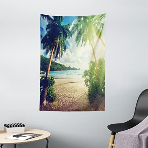 ABAKUHAUS hawaiisch Wandteppich, Palmen und Meer Foto, Wohnzimmer Schlafzimmer Wandtuch Seidiges Satin Wandteppich, 100 x 150 cm, Grün und Blau von ABAKUHAUS