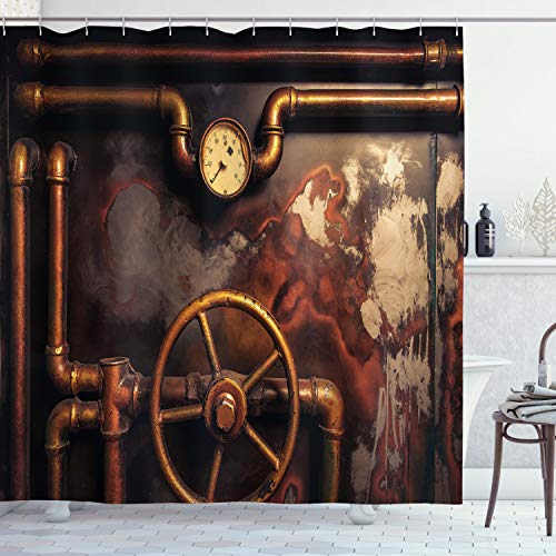 ABAKUHAUS industriell Duschvorhang, Dampfleitungen, Stoffliches Gewebe Badezimmerdekorationsset mit Haken, 175 x 200 cm, Dark Orange Umber von ABAKUHAUS