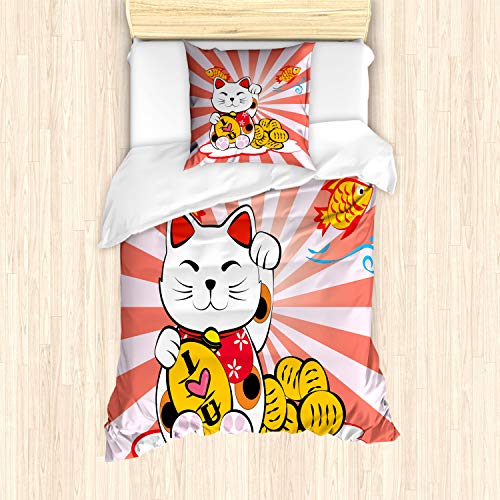 ABAKUHAUS japanisch Bettbezug Set für Einzelbetten, Starburst Linien Katze, Milbensicher Allergiker geeignet mit Kissenbezug, Weiß Rot Gelb von ABAKUHAUS