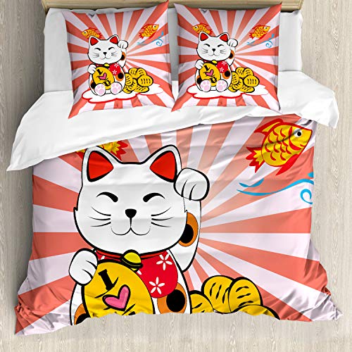 ABAKUHAUS japanisch Bettbezugs Set Für Doppelbetten, Starburst Linien Katze, Milbensicher Allergiker geeignet mit Kissenbezügen, Weiß Rot Gelb von ABAKUHAUS