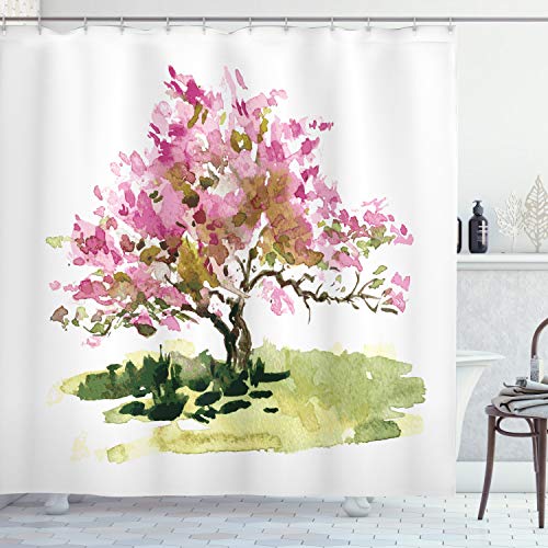 ABAKUHAUS Japanisch Duschvorhang, Aquarell Sakura Blätter, Stoffliches Gewebe Badezimmerdekorationsset mit Haken, 175 x 180 cm, Reseda Grün Grün von ABAKUHAUS