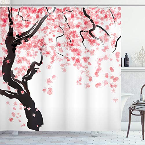 ABAKUHAUS japanisch Duschvorhang, Kirschblütenbaum, Stoffliches Gewebe Badezimmerdekorationsset mit Haken, 175 x 240 cm, Schwarz Rosa von ABAKUHAUS