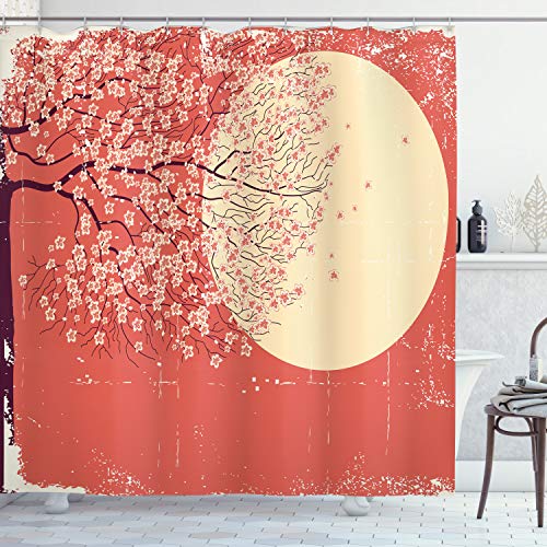 ABAKUHAUS japanisch Duschvorhang, Kirsche Sakura-Blüten, Stoffliches Gewebe Badezimmerdekorationsset mit Haken, 175 x 180 cm, Hellgelb Korallenrot Pflaume von ABAKUHAUS