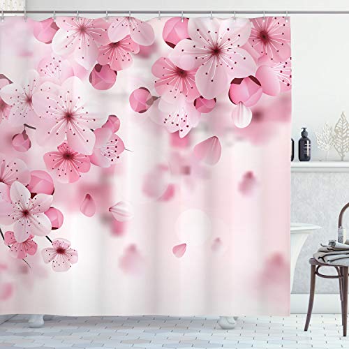 ABAKUHAUS japanisch Duschvorhang, Eastern Sakura Blumen, Stoffliches Gewebe Badezimmerdekorationsset mit Haken, 175 x 200 cm, Baby Pink Hellrosa von ABAKUHAUS