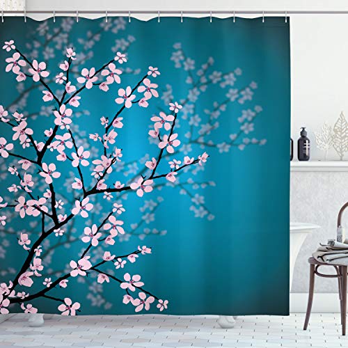 ABAKUHAUS japanisch Duschvorhang, Sakura Bloom Muster, Stoffliches Gewebe Badezimmerdekorationsset mit Haken, 175 x 220 cm, Petrol Blau Hellrosa von ABAKUHAUS