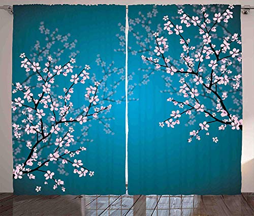 ABAKUHAUS japanisch Rustikaler Gardine, Sakura Bloom Muster, Schlafzimmer Kräuselband Vorhang mit Schlaufen und Haken, 280 x 175 cm, Hellrosa Blau von ABAKUHAUS