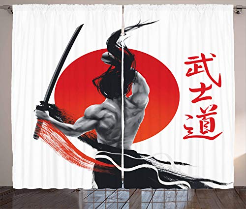 ABAKUHAUS japanisch Rustikaler Gardine, Samurai in der Praxis verzieren, Schlafzimmer Kräuselband Vorhang mit Schlaufen und Haken, 280 x 245 cm, Rot Weiß von ABAKUHAUS