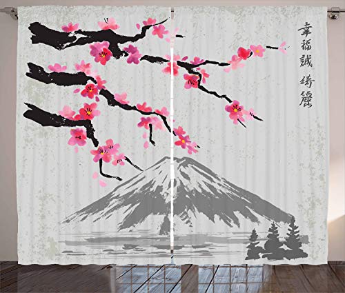 ABAKUHAUS japanisch Rustikaler Vorhang, Fujiyama Kirschblüten, Wohnzimmer Universalband Gardinen mit Schlaufen und Haken, 280 x 260 cm, Magenta Grau von ABAKUHAUS