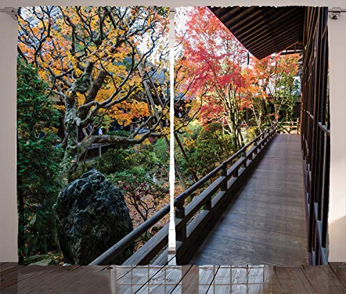 ABAKUHAUS japanisch Rustikaler Vorhang, Holz Balkon Aussicht, Wohnzimmer Universalband Gardinen mit Schlaufen und Haken, 280 x 225 cm, Grün Braun von ABAKUHAUS