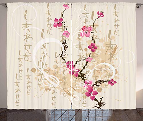 ABAKUHAUS japanisch Rustikaler Vorhang, Letters Sakura Blumen, Wohnzimmer Universalband Gardinen mit Schlaufen und Haken, 280 x 175 cm, Rosa Magenta von ABAKUHAUS