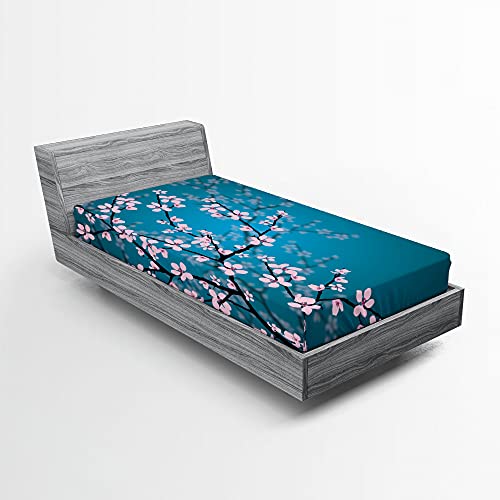 ABAKUHAUS japanisch Spannbetttuch, Sakura Bloom Muster, Soft Dekorativer Stoff Bettwäsche Rund-um Elastischer Gummizug, 90 cm x 200 cm, Petrol Blau Hellrosa von ABAKUHAUS