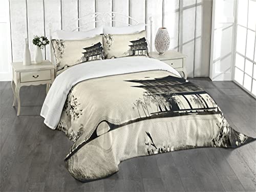 ABAKUHAUS japanisch Tagesdecke Set, Landschaft des Fernen Ostens, Set mit Kissenbezügen Waschbar, für Einselbetten 170 x 220 cm, Schwarz Beige von ABAKUHAUS