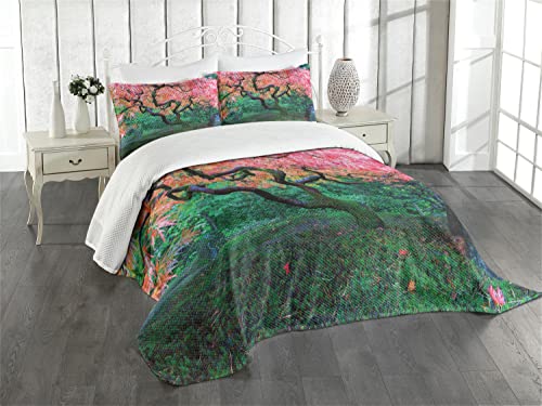 ABAKUHAUS japanisch Tagesdecke Set, Red Leaf Maple in Garten, Set mit Kissenbezug Romantischer Stil, für Einzelbetten 170 x 220 cm, Grün von ABAKUHAUS