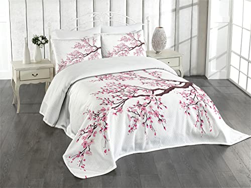ABAKUHAUS japanisch Tagesdecke Set, Sakura Zweig Blüten, Set mit Kissenbezug Kein verblassen, für Einzelbetten 170 x 220 cm, Rosa Dunkelbraun von ABAKUHAUS