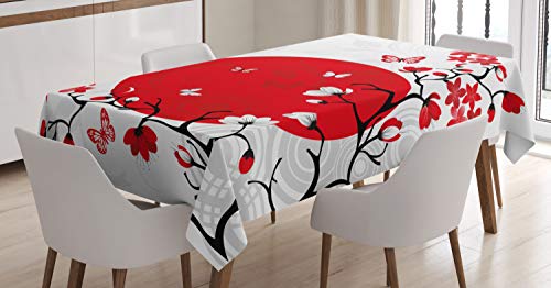 ABAKUHAUS japanisch Tischdecke, Kirsche Sakura-Bäume, Pflegeleicht mit Modernster Druck Technologie Waschbar und Personalisiert, 140 x 200 cm, Zinnoberrot Weiß Schwarz von ABAKUHAUS