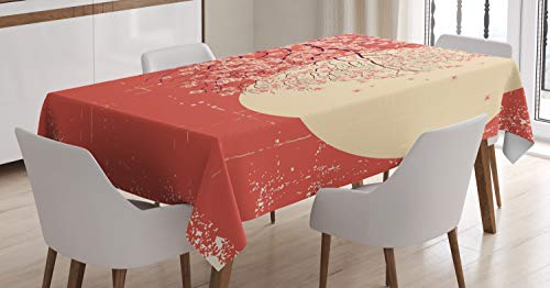 ABAKUHAUS japanisch Tischdecke, Kirsche Sakura-Blüten, Pflegeleicht mit Modernster Druck Technologie Waschbar und Personalisiert, 140 x 170 cm, Hellgelb Korallenrot Pflaume von ABAKUHAUS