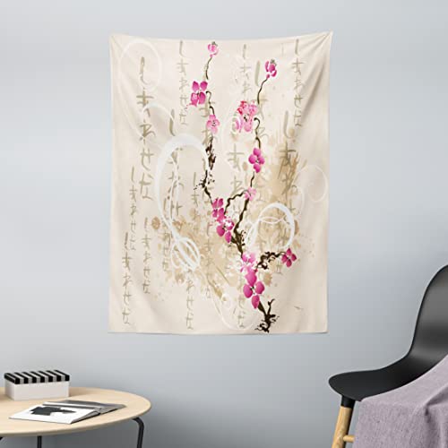 ABAKUHAUS japanisch Wandteppich, Letters Sakura Blumen aus Weiches Mikrofaser Stoff Waschbar ohne Verblassen Digitaldruck, 110 x 150 cm, Rosa Beige von ABAKUHAUS