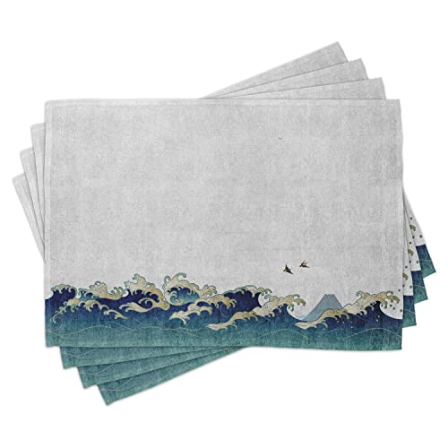 ABAKUHAUS japanische Welle Platzmatten, Aquatic-Strudel, Waschbare Stoff Esszimmer Küche Tischdekorations Digitaldruck, Creme Blau von ABAKUHAUS