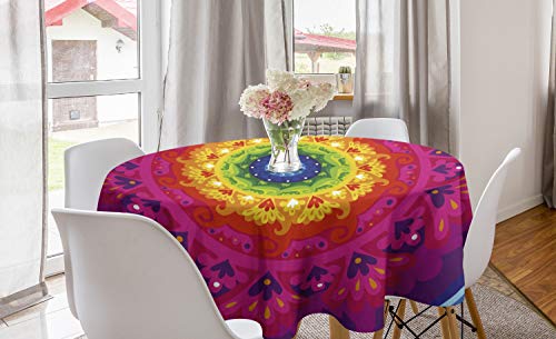 ABAKUHAUS lila Mandala Runde Tischdecke, Regenbogen-Hippie, Kreis Tischdecke Abdeckung für Esszimmer Küche Dekoration, 150 cm, Rosa Rot von ABAKUHAUS