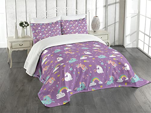 ABAKUHAUS magisch Tagesdecke Set, Einhorn Regenbogen-Baby, Set mit Kissenbezug Sommerdecke, für Einzelbetten 170 x 220 cm, Weiß Violett von ABAKUHAUS