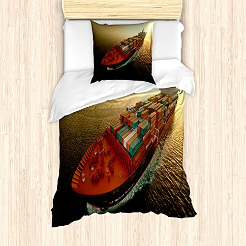 ABAKUHAUS maritim Bettbezug Set für Einzelbetten, Containerschiff am Sonnenaufgang, Milbensicher Allergiker geeignet mit Kissenbezug, 135 cm x 200 cm - 80 x 80 cm, Mehrfarbig von ABAKUHAUS