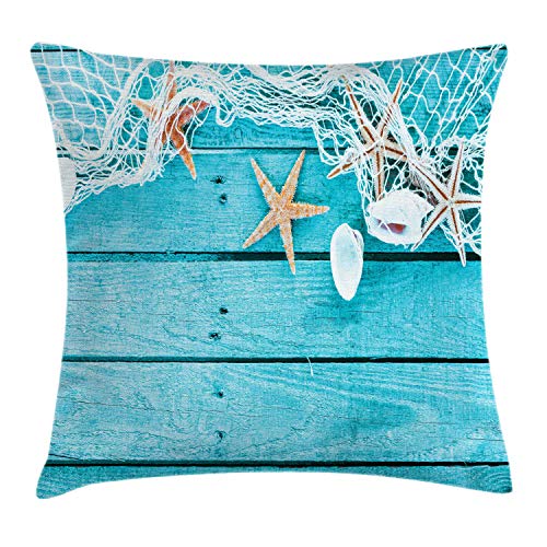 ABAKUHAUS maritim Kissenbezug, Nautik Muscheln und Net, Dekorativer Kopfkissenhülle mit Beidseitiger Druck, 40 x 40 cm, Aqua und Tan von ABAKUHAUS