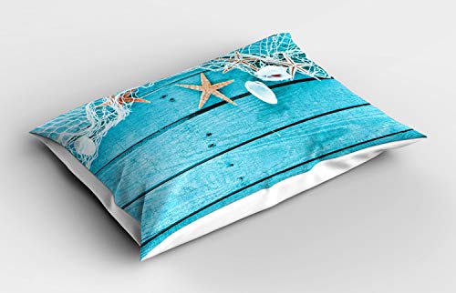 ABAKUHAUS maritim Kissenbezug, Nautik Muscheln und Net, Dekorativer Standard King Size Gedruckter Kissenbezug, 80 x 40 cm, Aqua Tan von ABAKUHAUS