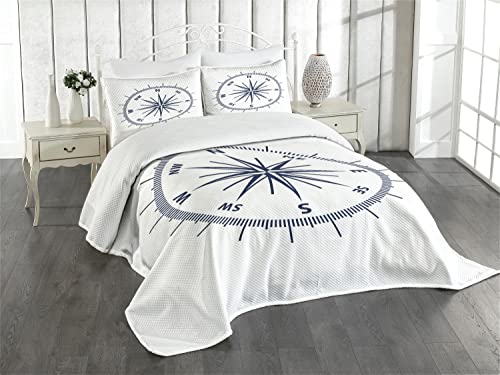 ABAKUHAUS maritim Tagesdecke Set, Monochromatische Windrose Kunst, Set mit Kissenbezügen Waschbar, für Einzelbetten 170 x 220 cm, Marineblau Weiß von ABAKUHAUS