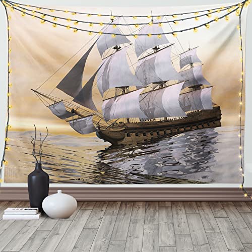 ABAKUHAUS maritim Wandteppich und Tagesdecke, Schiff auf Ozean aus Weiches Mikrofaser Stoff Waschbar ohne Verblassen Digitaldruck, 230 x 140 cm, Creme Braun von ABAKUHAUS