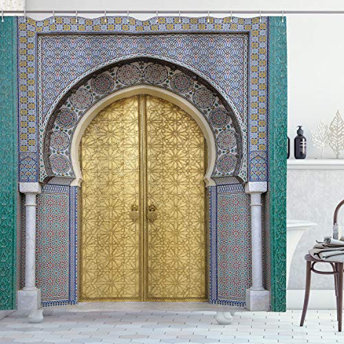 ABAKUHAUS marokkanisch Duschvorhang, Antike Türen, Stoffliches Gewebe Badezimmerdekorationsset mit Haken, 175 x 240 cm, Gelb Teal Blau von ABAKUHAUS
