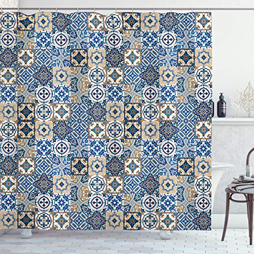 ABAKUHAUS marokkanisch Duschvorhang, Portugiesisch Traditionelle, Stoffliches Gewebe Badezimmerdekorationsset mit Haken, 175 x 220 cm, Hellbraun Weiß und Blau von ABAKUHAUS