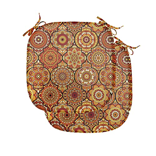 ABAKUHAUS marokkanisch Polster für Esszimmerstühle, Blumenmotive Ottoman, Dekoratives wasserfestes Kissen mit Riemen für Küchensitze, 40 cm x 40 cm-2er Pack, Orange Gelb Braun von ABAKUHAUS