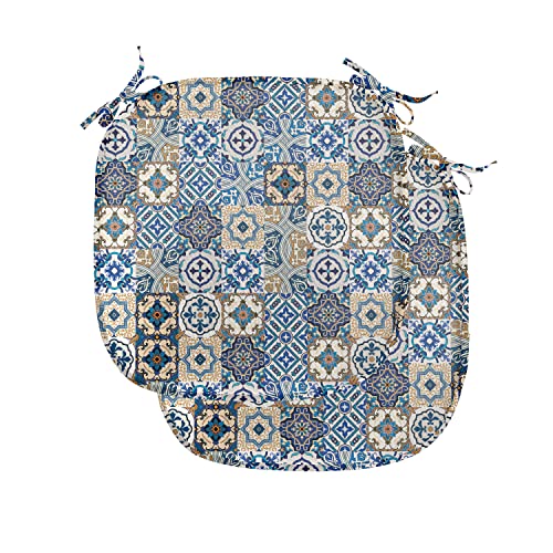 ABAKUHAUS marokkanisch Polster für Esszimmerstühle, Portugiesisch Traditionelle, Dekoratives wasserfestes Kissen mit Riemen für Küchensitze, 40 cm x 40 cm-2er Pack, Blau, Weiß, Hellbraun von ABAKUHAUS