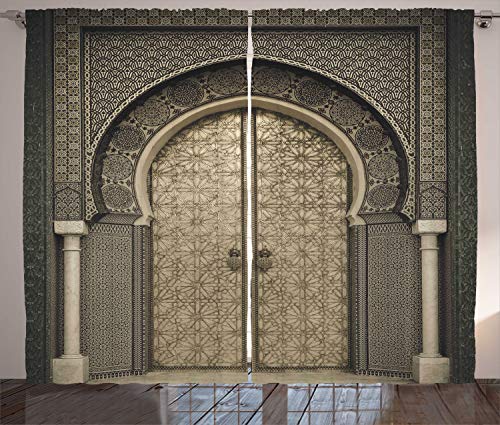 ABAKUHAUS Marokkanisch Rustikaler Vorhang, Gealterte Tor Geometric, Wohnzimmer Universalband Gardinen mit Schlaufen und Haken, 280 x 260 cm, Schwarz Sepia von ABAKUHAUS