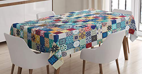 ABAKUHAUS marokkanisch Tischdecke, Aufwändige Patchwork-Motiv, Personalisierter Druck Klare Farben ohne Verblassen Waschbar für Außen Bereich, 140 x 170 cm, Türkis Beige von ABAKUHAUS