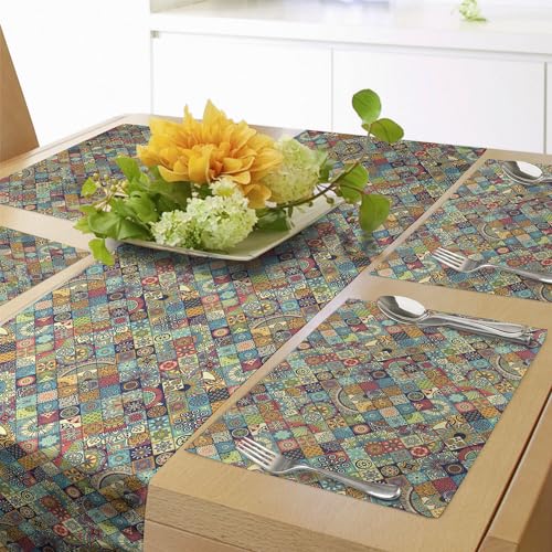 ABAKUHAUS marokkanisch Tischläufer & 4 Stück Tischsets, Ethnische Blumen Aufwändiges Blumengesteck Orientalisches Motiv Laub Muster, Tischdeko-Set, 180 x 40 cm, Teal Rot Grün von ABAKUHAUS