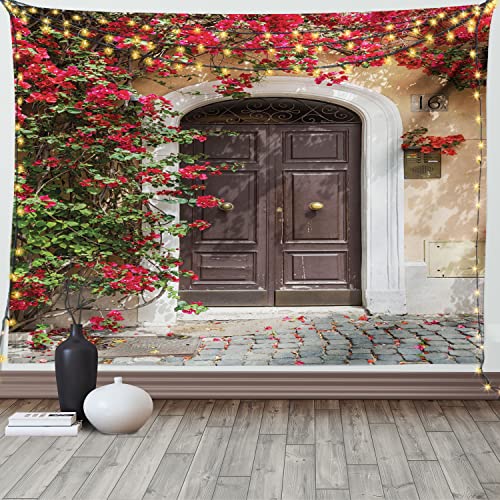 ABAKUHAUS marokkanisch Wandteppich, Alte Tür mit Blumen aus Weiches Mikrofaser Stoff Waschbar ohne Verblassen Digitaldruck, 150 x 110 cm, Rot Braun von ABAKUHAUS