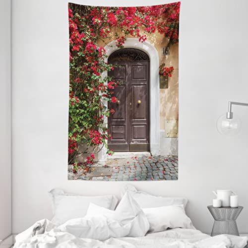 ABAKUHAUS marokkanisch Wandteppich und Tagesdecke, Alte Tür mit Blumen aus Weiches Mikrofaser Stoff Waschbar ohne Verblassen Digitaldruck, 140 x 230 cm, Braun Beige von ABAKUHAUS