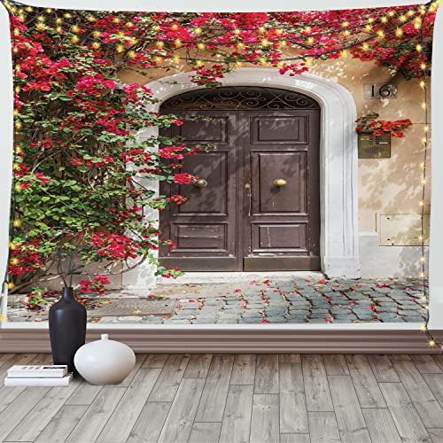 ABAKUHAUS marokkanisch Wandteppich und Tagesdecke, Alte Tür mit Blumen aus Weiches Mikrofaser Stoff Waschbar ohne Verblassen Digitaldruck, 230 x 140 cm, Rot Braun von ABAKUHAUS