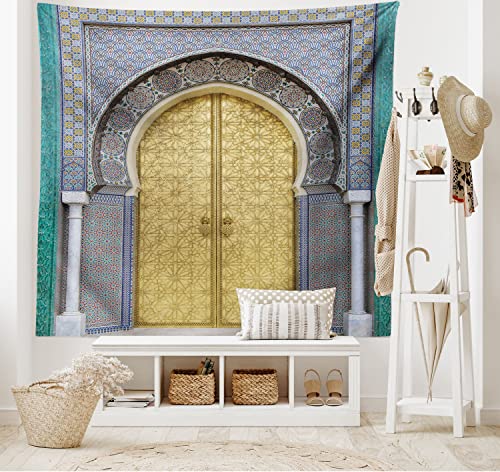 ABAKUHAUS marokkanisch Wandteppich und Tagesdecke, Antike Türen aus Weiches Mikrofaser Stoff Waschbar ohne Verblassen Digitaldruck, 230 x 140 cm, Türkis Gelb von ABAKUHAUS