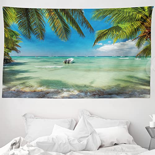 ABAKUHAUS Tropisch Wandteppich, Surreales Meer umgeben von Palmenblättern Scenic Nature Summertime, aus Weiches Mikrofaser Stoff Wand Dekoration Für Schlafzimmer, 230 x 140 cm, Farngrün Türkis von ABAKUHAUS