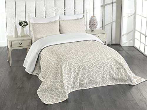 ABAKUHAUS orientalisch Tagesdecke Set, Nahöstliche Flora, Set mit Kissenbezügen Waschbar, für Doppelbetten 220 x 220 cm, Weiß Beige von ABAKUHAUS