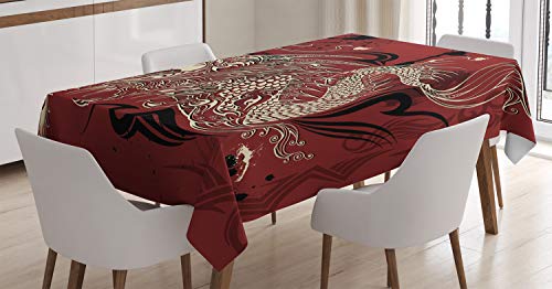 ABAKUHAUS orientalisch Tischdecke, Japanisches Drachen-Gekritzel, Für den Inn und Outdoor Bereich geeignet Waschbar Druck Klar Kein Verblassen, 140 x 200 cm, Elfenbein Rubin von ABAKUHAUS