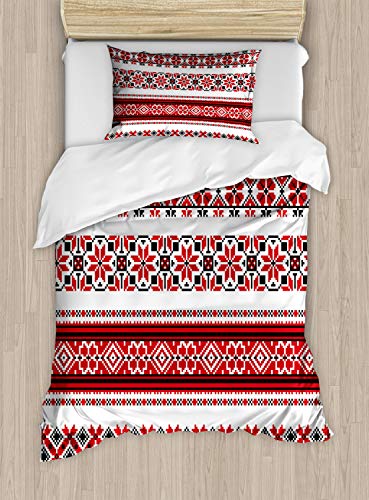 ABAKUHAUS rot Bettbezug Set für Einzelbetten, Ukrainisch Akzente, Milbensicher Allergiker geeignet mit Kissenbezug, 130 x 200 cm - 70 x 50 cm, Rot Schwarz Weiß von ABAKUHAUS