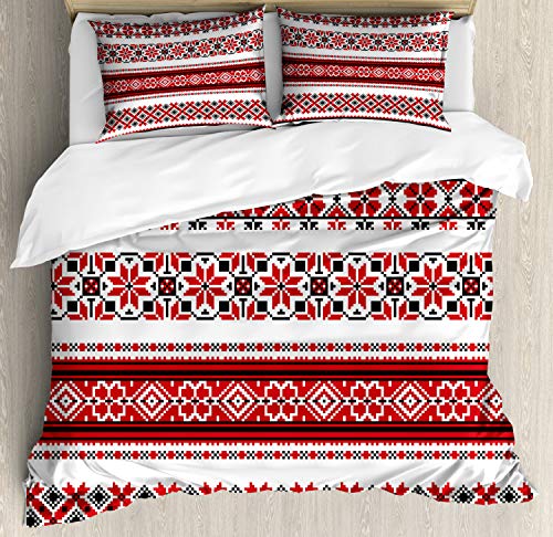 ABAKUHAUS rot Bettbezug Set für Einzelbetten, Ukrainisch Akzente, Milbensicher Allergiker geeignet mit Kissenbezug, 230 x 220 cm - 70 x 50 cm, Rot Schwarz Weiß von ABAKUHAUS