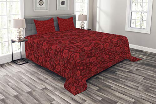 ABAKUHAUS rot Tagesdecke Set, Blumen-Blätter und wirbelt, Set mit Kissenbezügen Waschbar, für Doppelbetten 220 x 220 cm, Rot von ABAKUHAUS