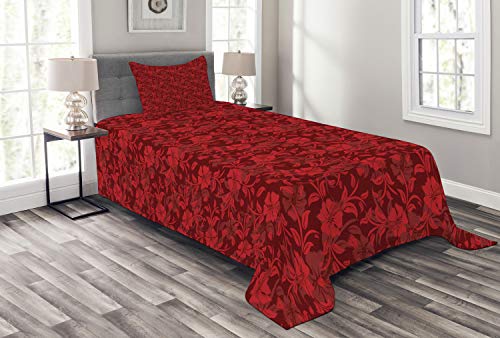 ABAKUHAUS rot Tagesdecke Set, Blumen-Blätter und wirbelt, Set mit Kissenbezügen Waschbar, für Einselbetten 170 x 220 cm, Rot von ABAKUHAUS