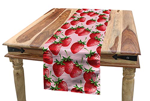 ABAKUHAUS rot Tischläufer, Saftige Erdbeeren Obst, Esszimmer Küche Rechteckiger Dekorativer Tischläufer, 40 x 180 cm, Grün Rosa von ABAKUHAUS